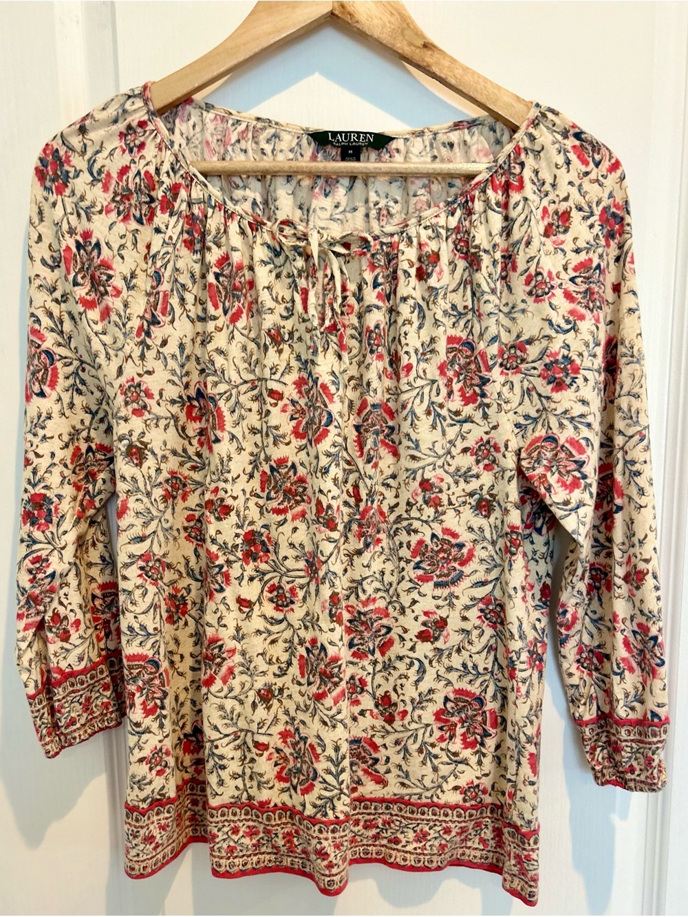 Lauren Ralph Lauren Floral Boho Peasant Blouse 100% Cotton Tie Neck Medium